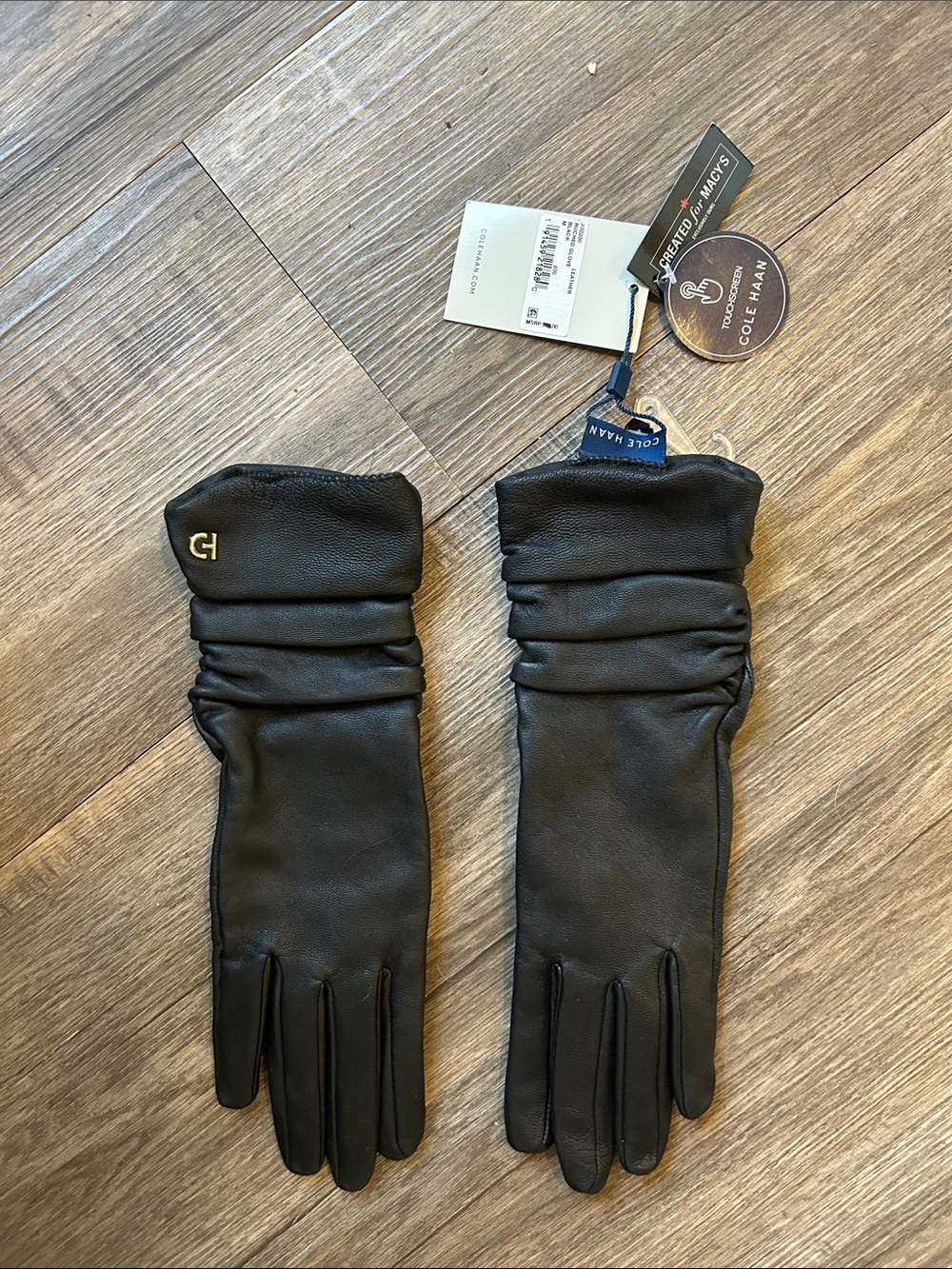 Cole Haan Black Leather Ruched Wrist Gloves with Gold Logo